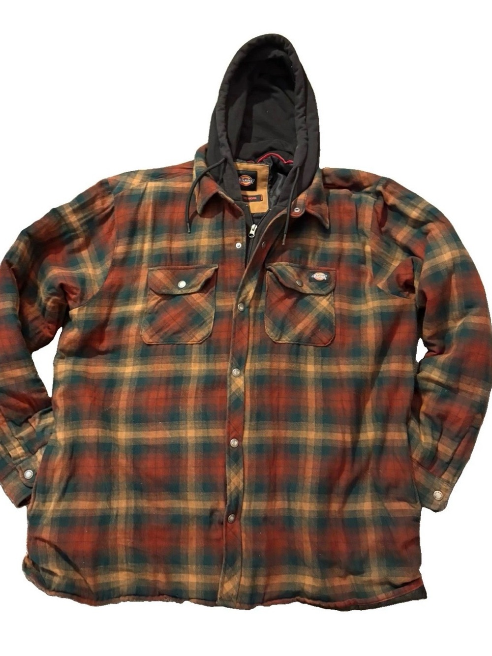 Dickies Flannel Hooded Jacket Full Zip & Snaps Quilted Lining Mens Size 2XL
